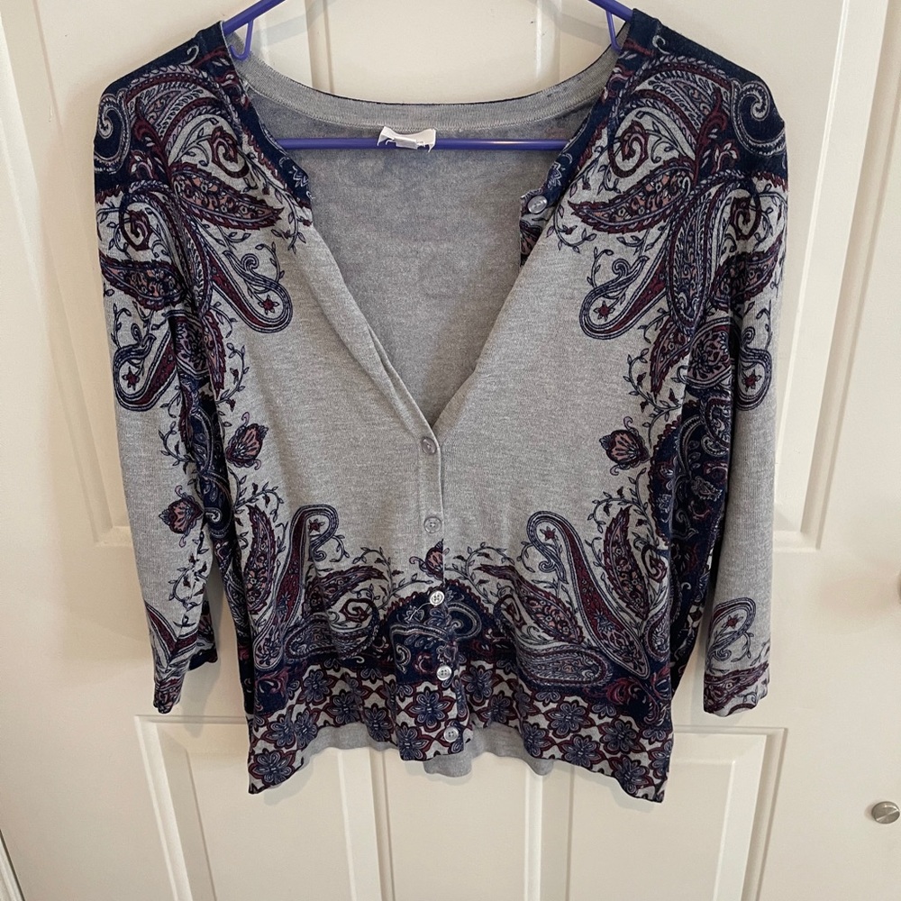 Button down cardigan, gray and blue. Size Large